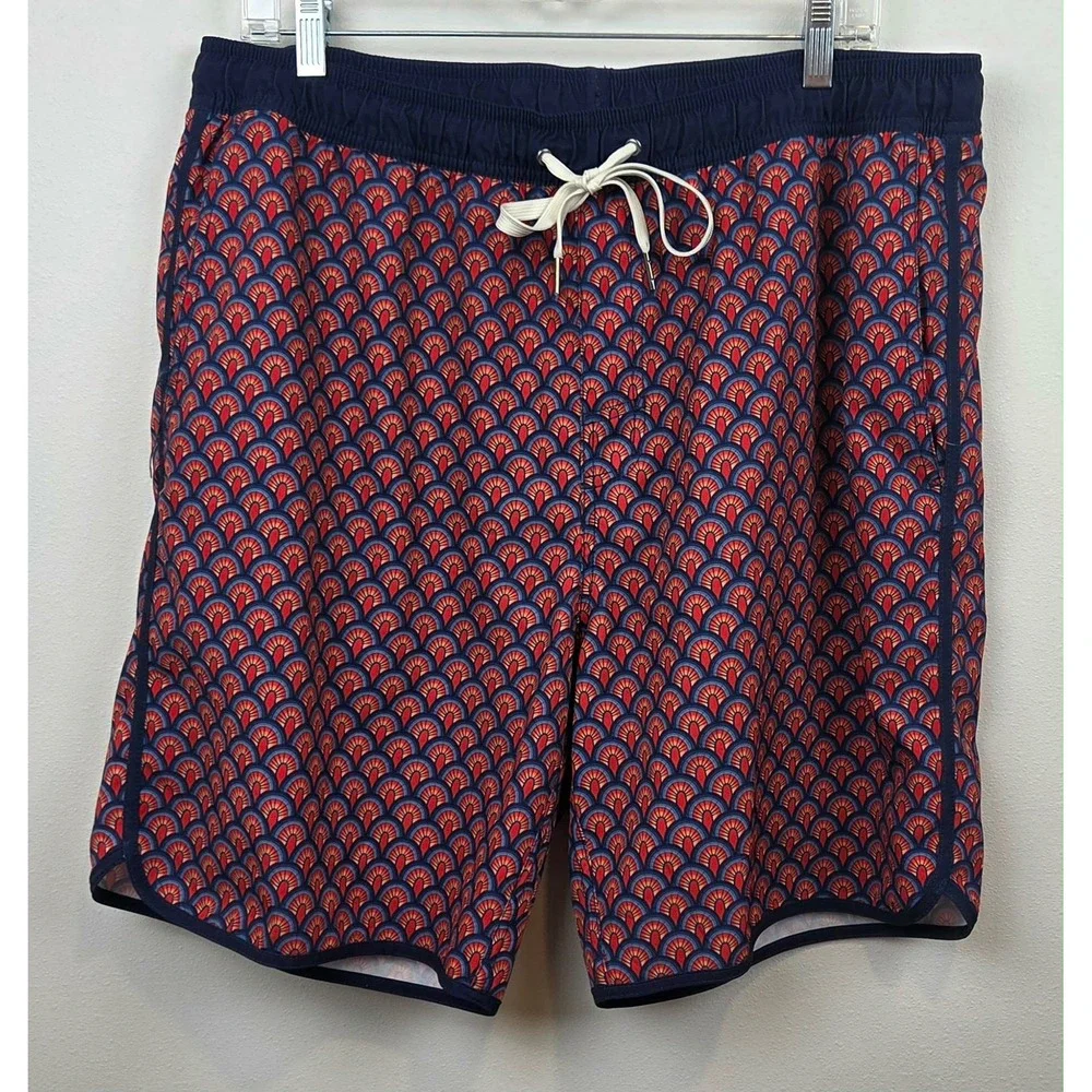Fair Harbor Men Swim Trunks Red Blue Geometric Print Board Shorts Lined Size XXL